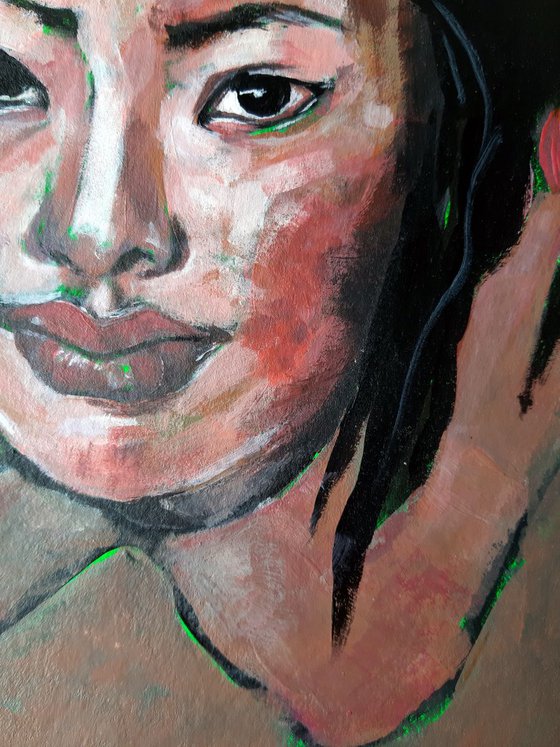 "Tibetan girl", original acrylic painting on paper, 24x32 cm