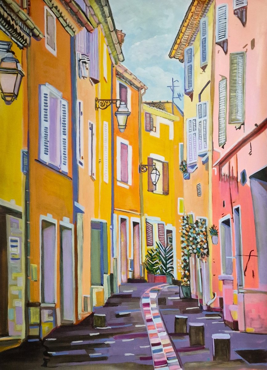 Impressionistic Cityscapes Acrylic Painting By Alexandra Djokic, 31 X 43, Mediterranean Street, Original Artwork