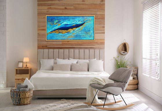 GOLDEN ORCA. Large Abstract Blue and Gold Contemporary Seascape, Ocean Waves Painting (61 x 122 cm). Modern Textured Art