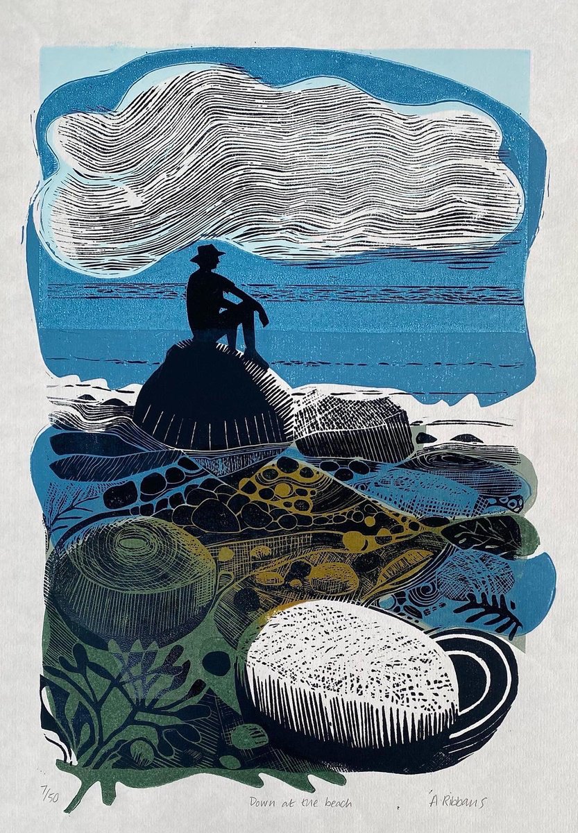 Impressionistic Linocut , Down At The Beach By Amanda Ribbans, 11 X 15, Artwork For Sale On Artfinder