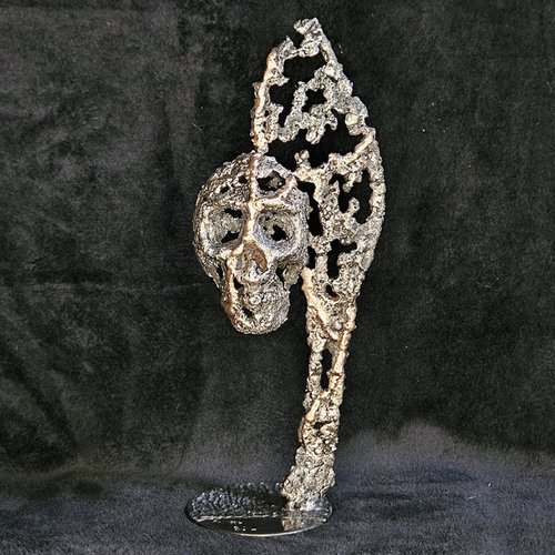 Flame skull 90-23 - Skull on flame metal sculpture by Philippe Buil