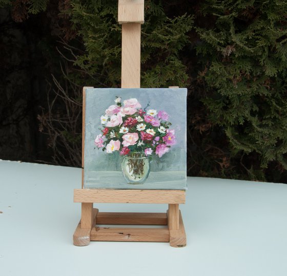 Small Floral painting. Flower still life. Original Art. On canvas 6 x 6in.