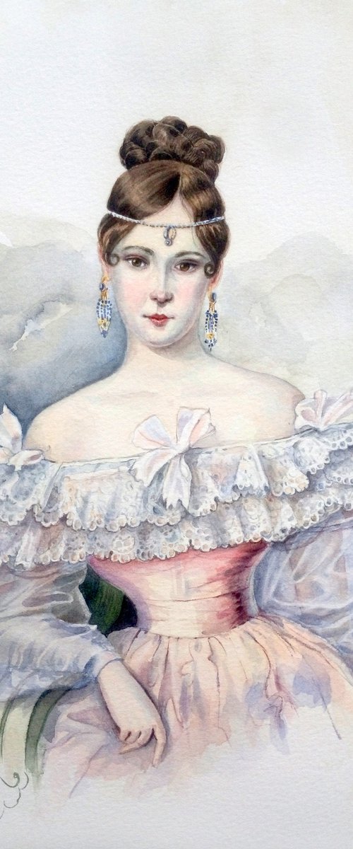 Replica of the portrait of Natalia Pushkin, wife of the Russian poet Alexander Pushkin by Olga Beliaeva Watercolour