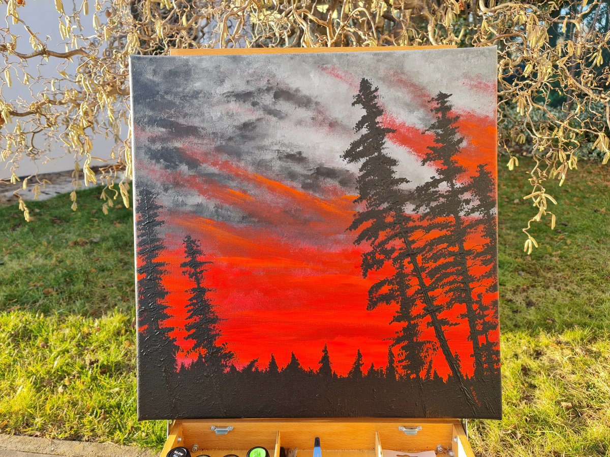 Impressionistic Landscape Acrylic Painting By Daniel Urbani?k, 20 X 20, Landscape In Red Color 1, Original Artwork