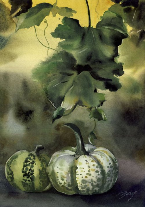 Autumn still life with pumpkins by Alfred  Ng