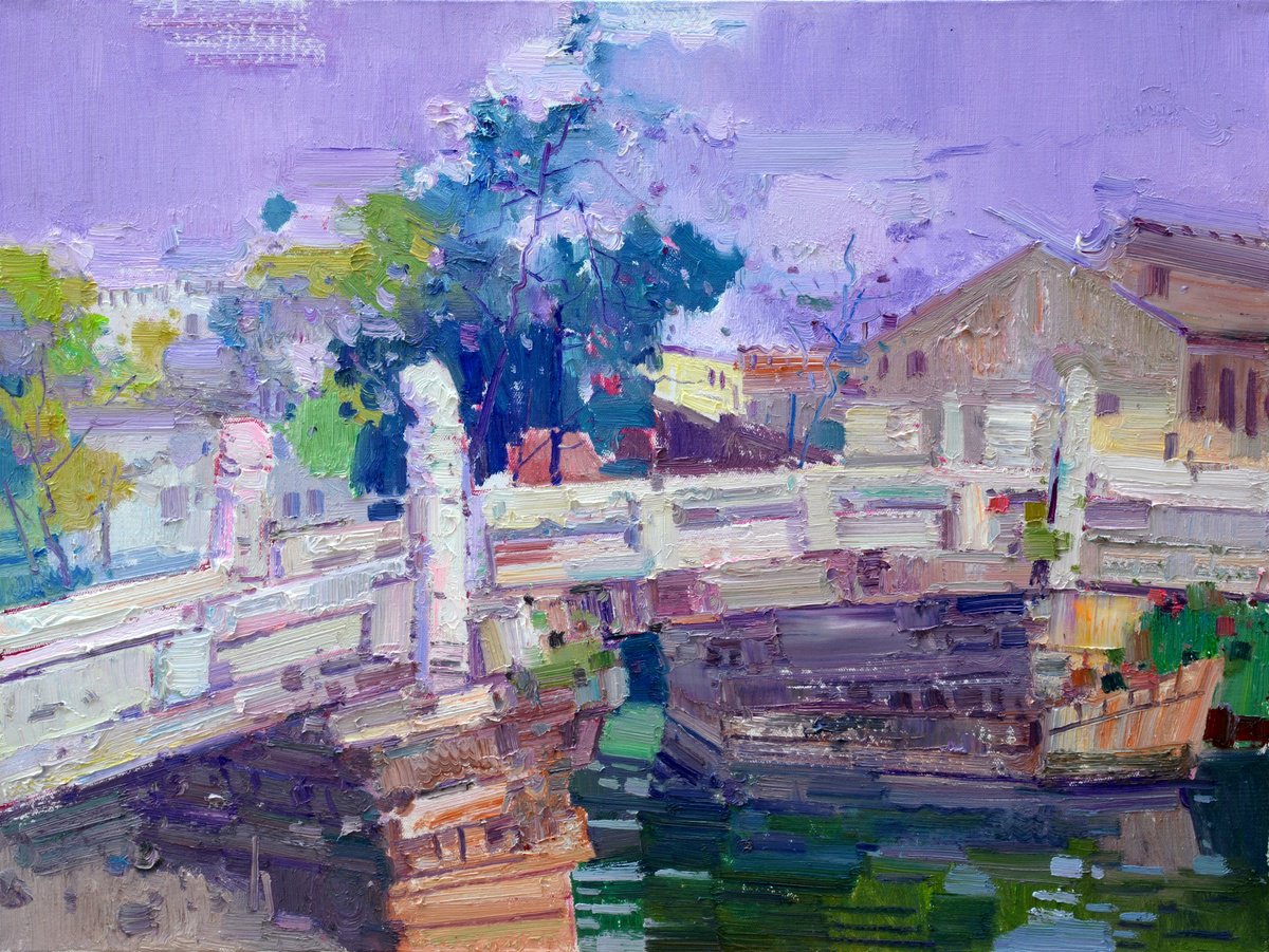 Impressionistic Landscape Oil Painting By Jianzhe Chon, 31 X 24, Town 182, Original Artwork