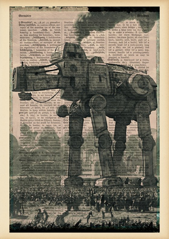 Steampunk AT-AT - Collage Art on Dictionary Vintage Book Page