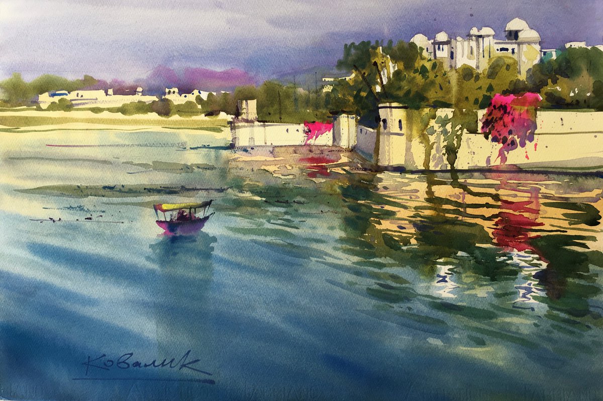 Impressionistic Landscape Watercolour By Andrii Kovalyk, 22 X 15, City Of Udaipur. Indian Venice, Original Artwork