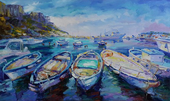 Rowing boats - painting landscapes Italy, Seascape Procida island