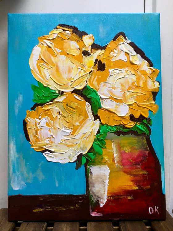 ABSTRACT BOUQUET OF Yellow Roses  #17 ( NAIVE COLLECTION)  palette   knife Original Acrylic painting office home decor gift