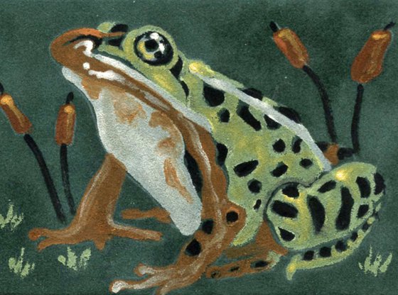 ACEO ATC Original Suede Painting Leopard Frog Wildlife Art-Carla Smale