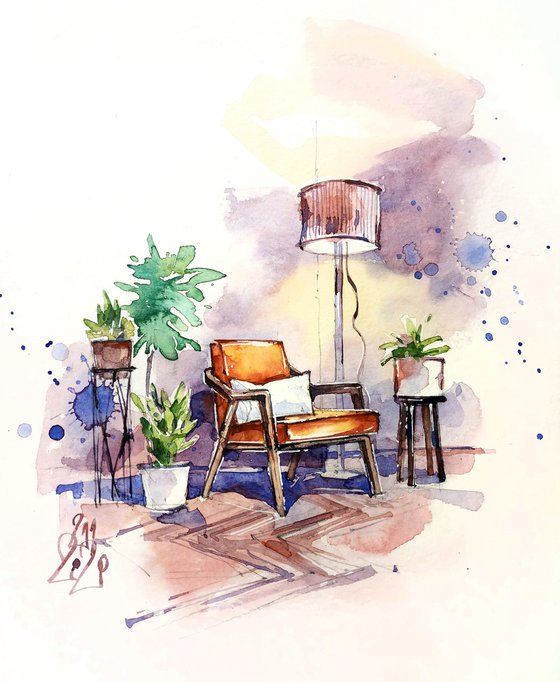 Original watercolor painting "A cozy armchair for reading books. A fragment of the interior"