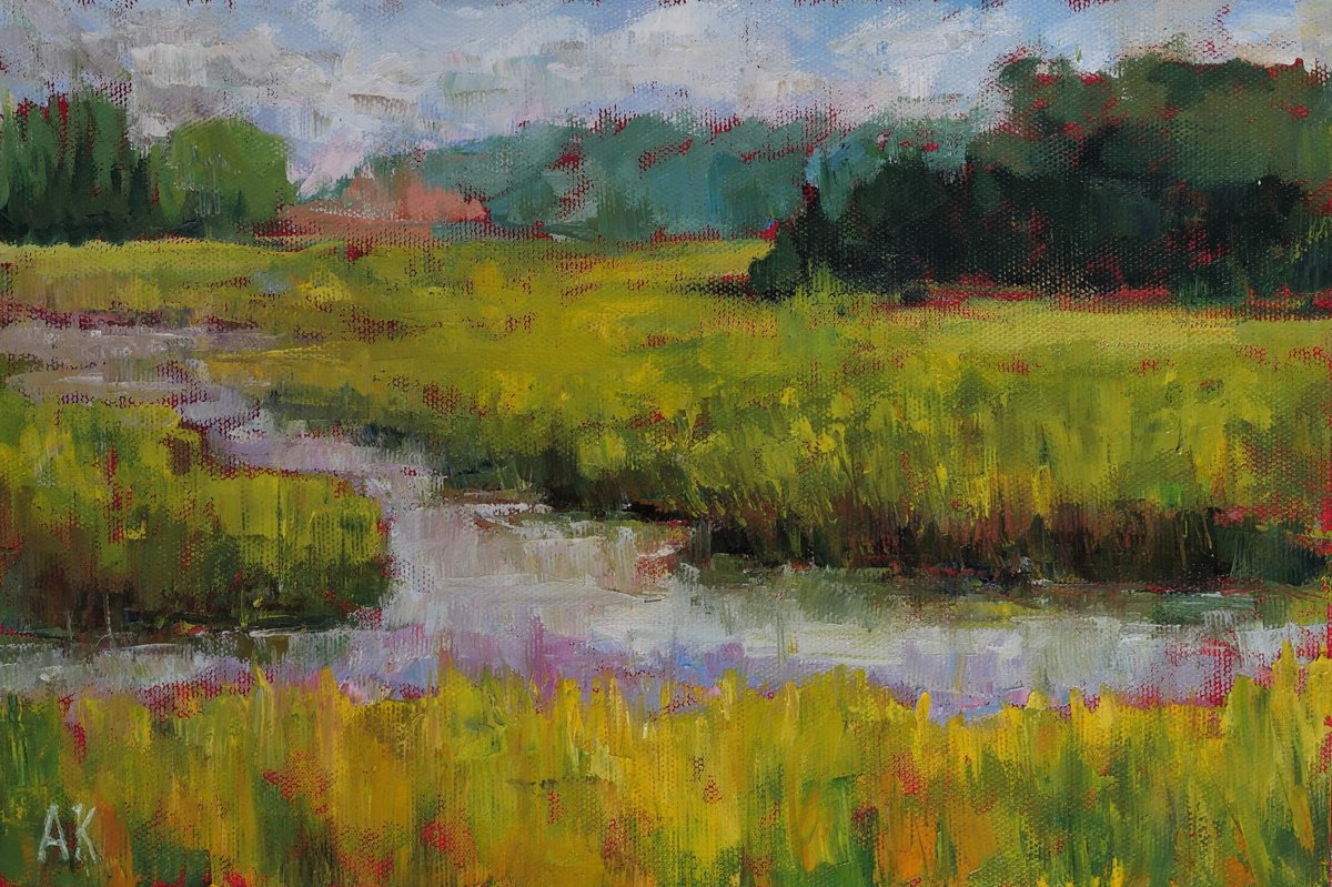 Meadow river - multicolored textured semi abstract landscape oil painting by Alfia Koral