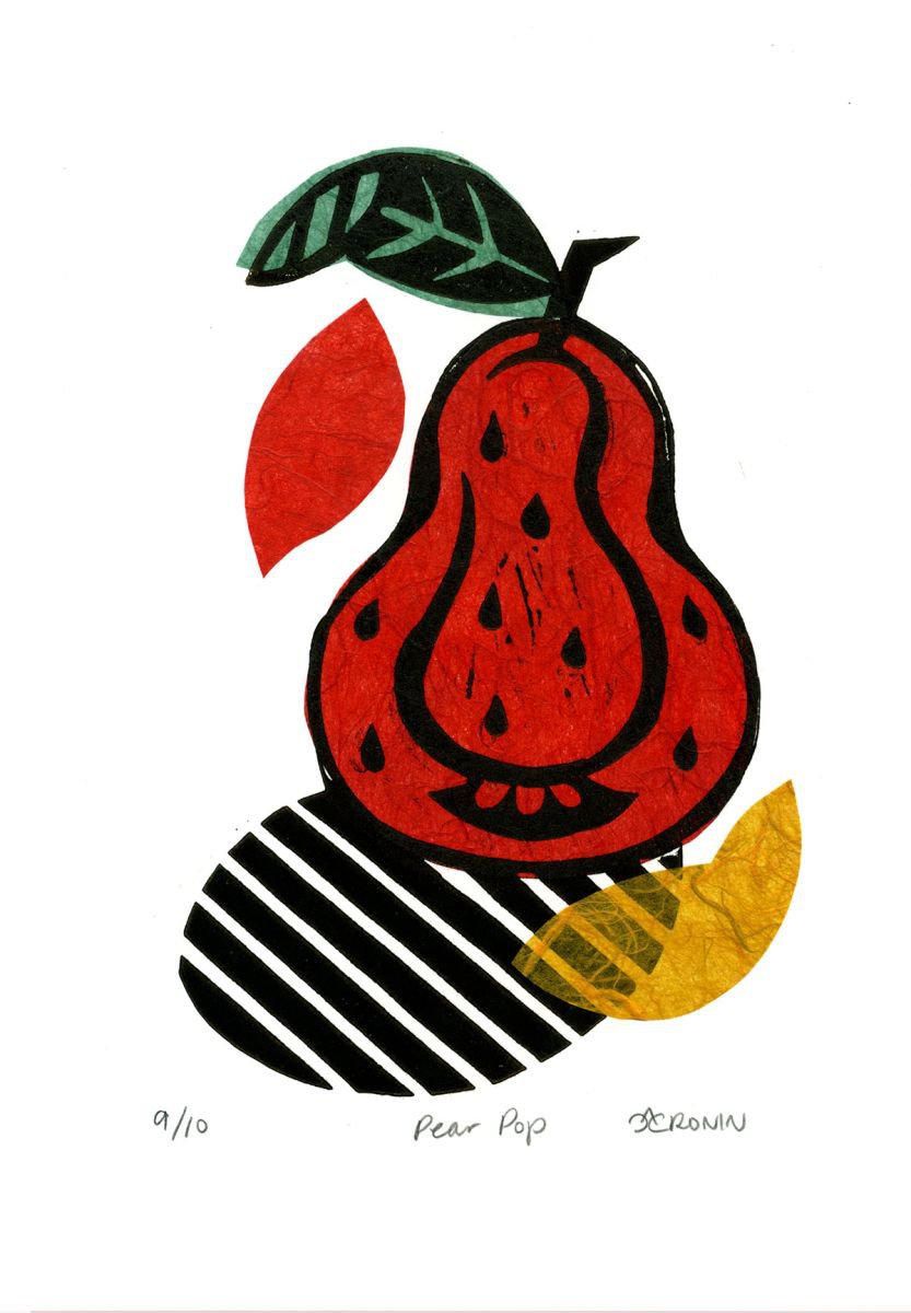 Pear Pop Linocut Print & Chine-colle 9 of 10 (pear design 2) by Catherine Cronin
