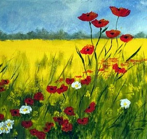 POPPIES IN THE RAPE FIELD by BARBARA  HARLOW