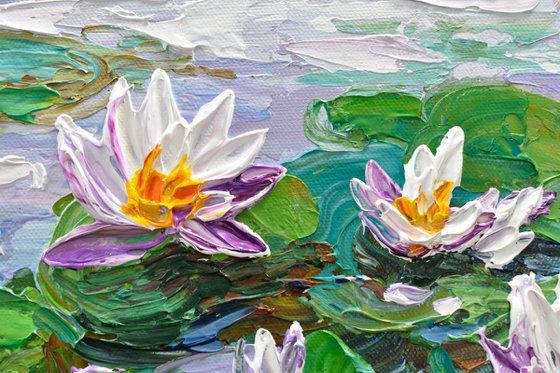 Water Lilies Pond - Impasto Floral Art, Palette Knife Painting