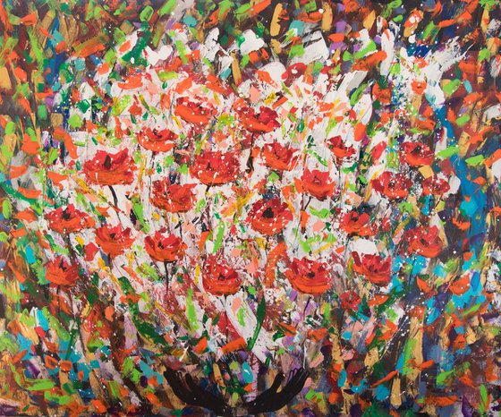 Poppies (Tell me about Grandad) 120 x 100 cm., Large, abstract painting on canvas, art wall