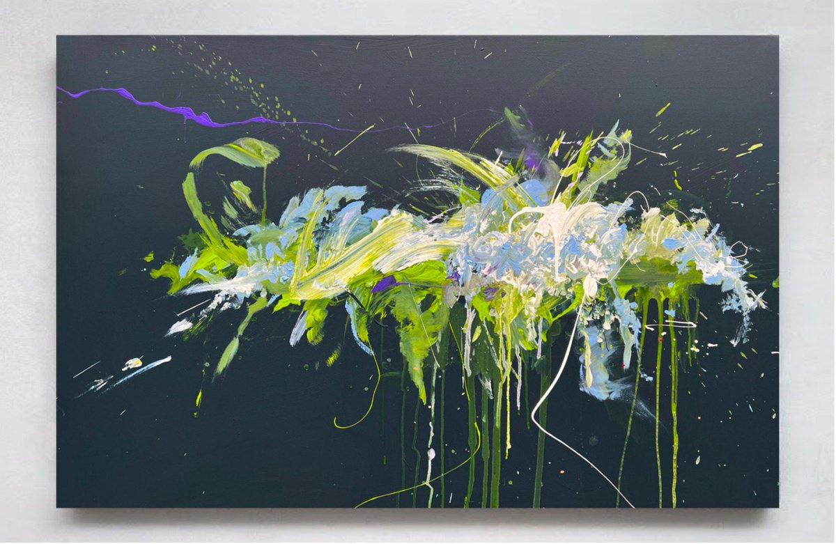 Abstract Botanical Acrylic Painting By Rosi Roys, 47 X 31", Flower Green 1, Original Artwork