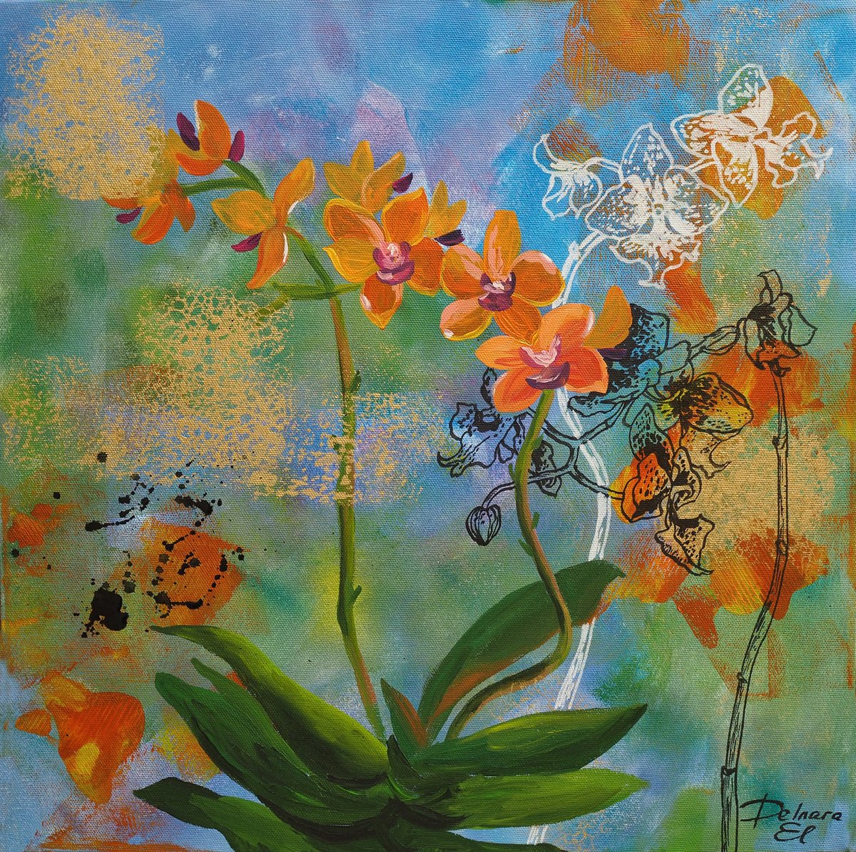 Expressive Animal Acrylic Painting By Delnara El, 16 X 16, Yellow Orchids, Original Artwork