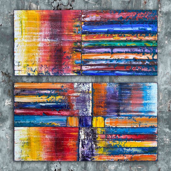 "I Want Candy" - Original PMS Large Oil Painting Diptych on Recycled Wooden Panels - 48 x 48 inches