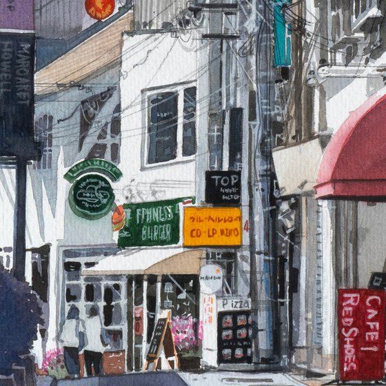 Shopping Alley with Red Awnings 30x40cm