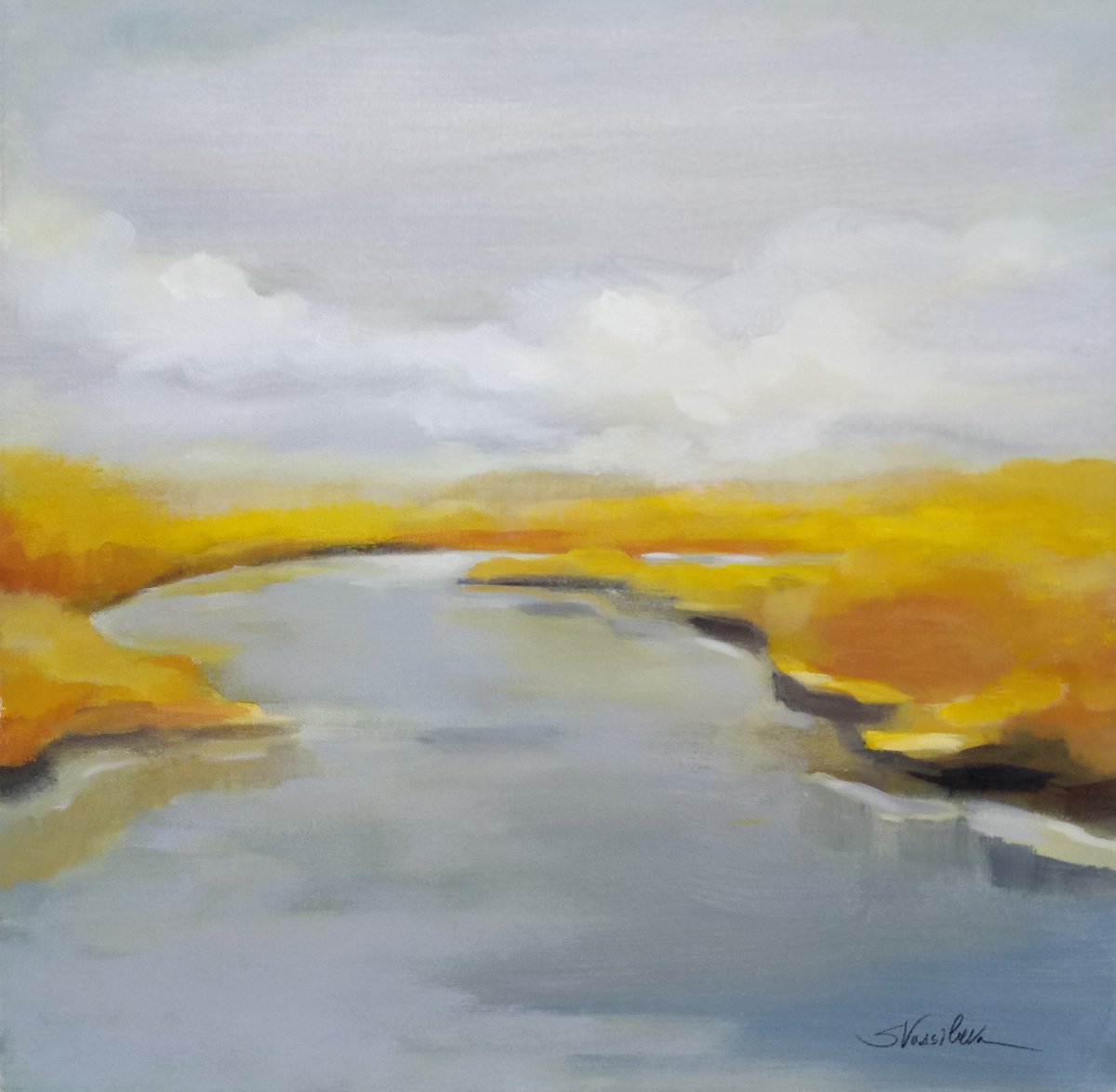 Expressive Landscape Acrylic Painting By Silvia Vassileva, 26 X 26", Maine Fall River, Original Artwork