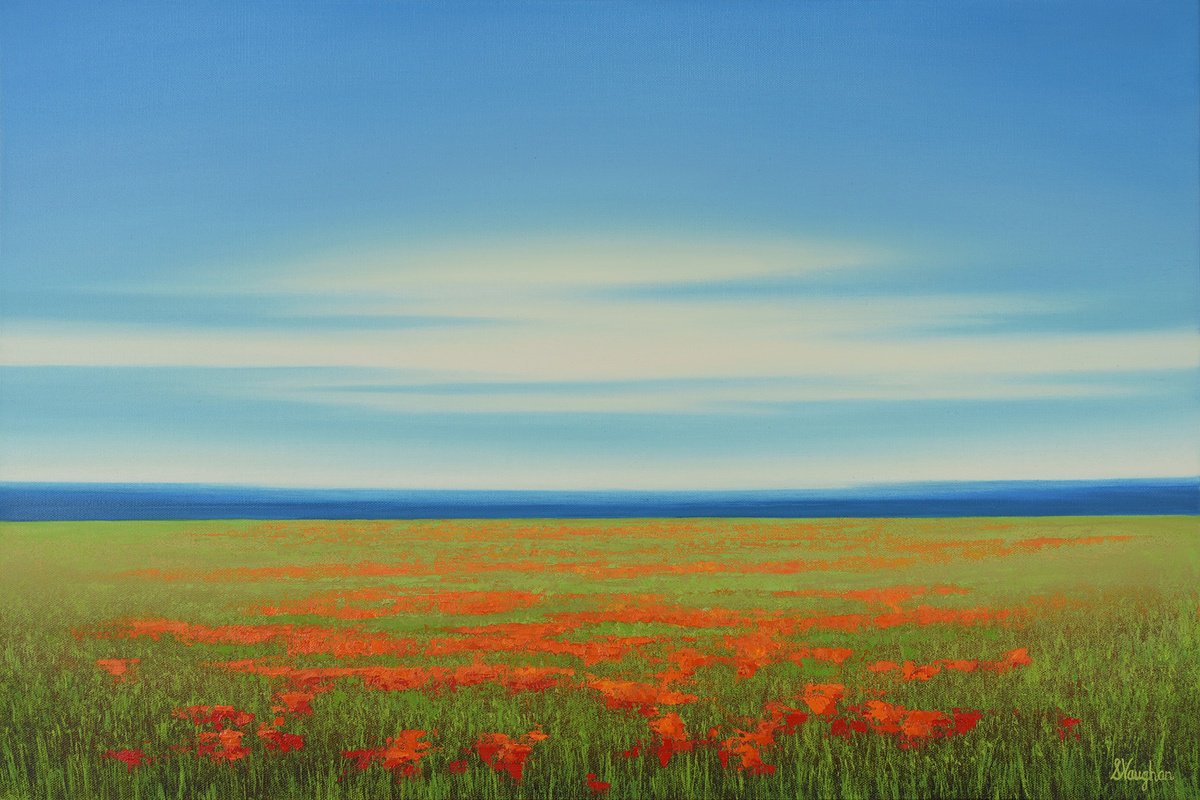 Lush Poppy Field - Blue Sky Flower Field Landscape by Suzanne Vaughan