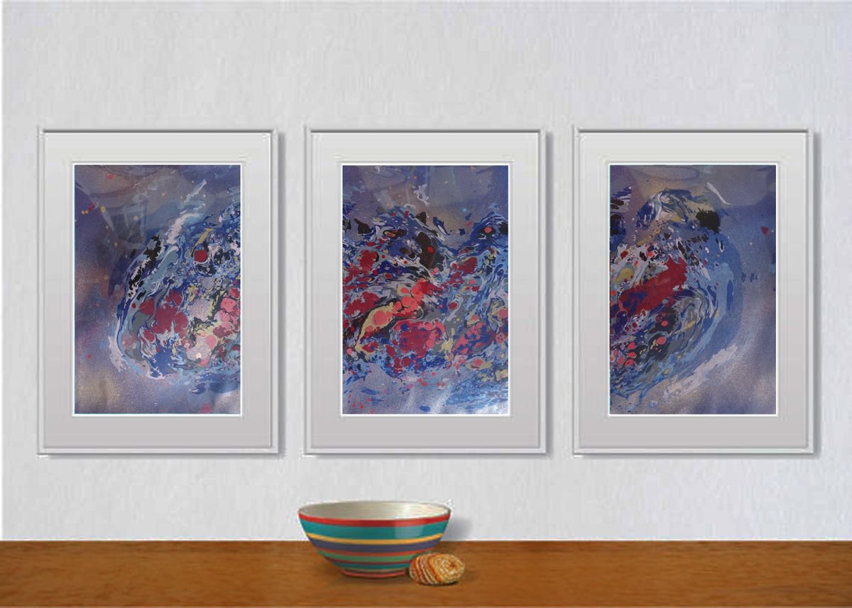Set of 3 Fluid abstract original paintings on carton - 18J041 by Kuebler