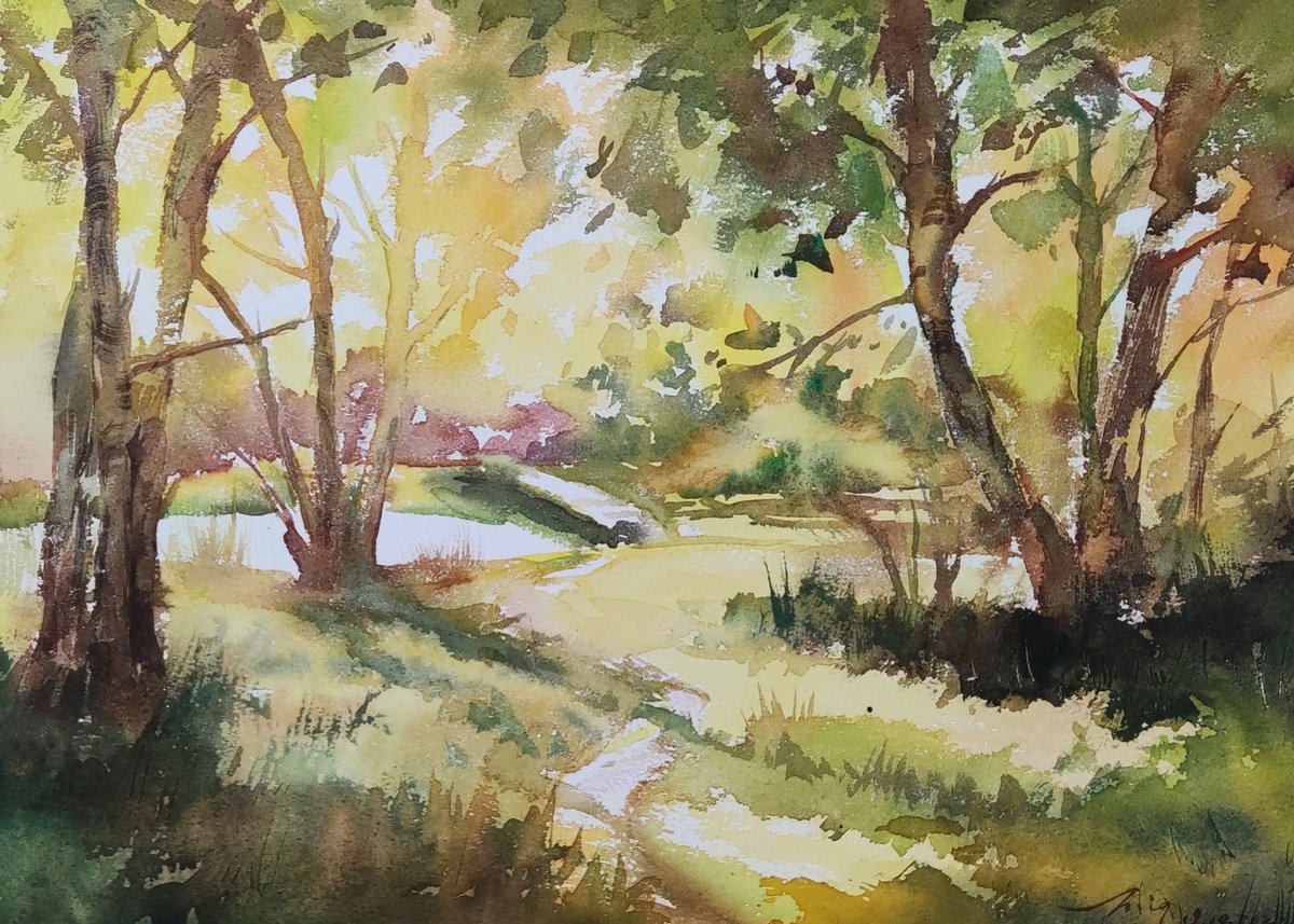 Impressionistic Landscape Watercolour By Jing Chen, 15 X 11, Autumn Forest, Original Artwork