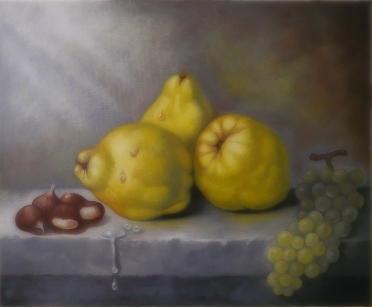 Still life with quinces chestnuts and grapes by Philippe Olivier