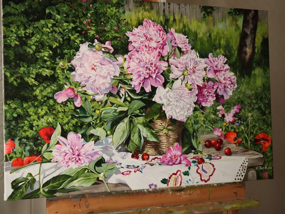 Pink peonies in a basket