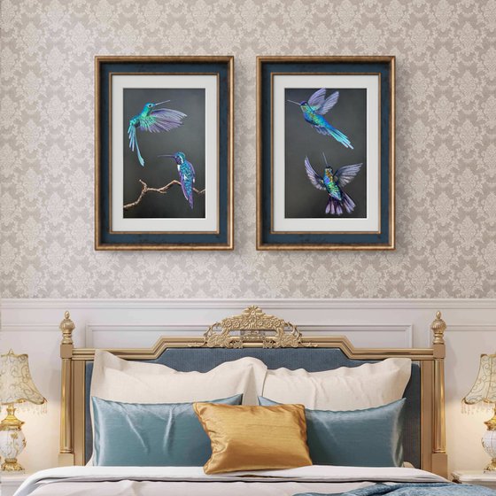 Colibri Flowers Diptych Pastel