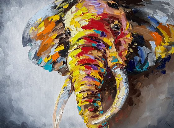 African elephant - painting on canvas, animals oil painting, Impressionism, palette knife, gift.