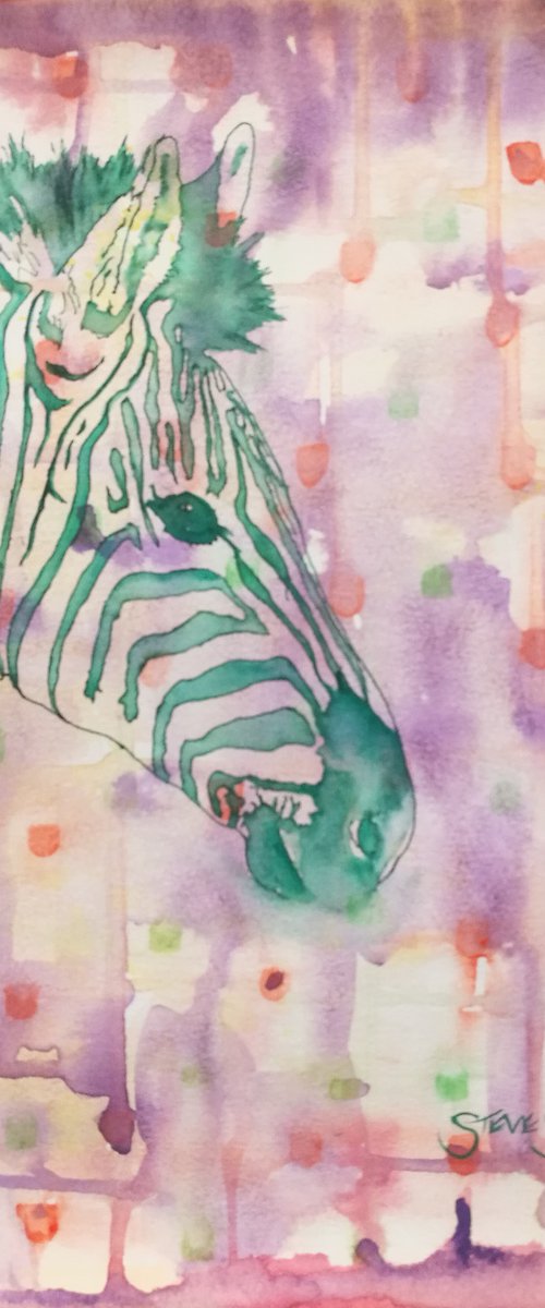 Green Zebra watercolour bright & colourful ( on paper ) Free Shipping by Steven Shaw