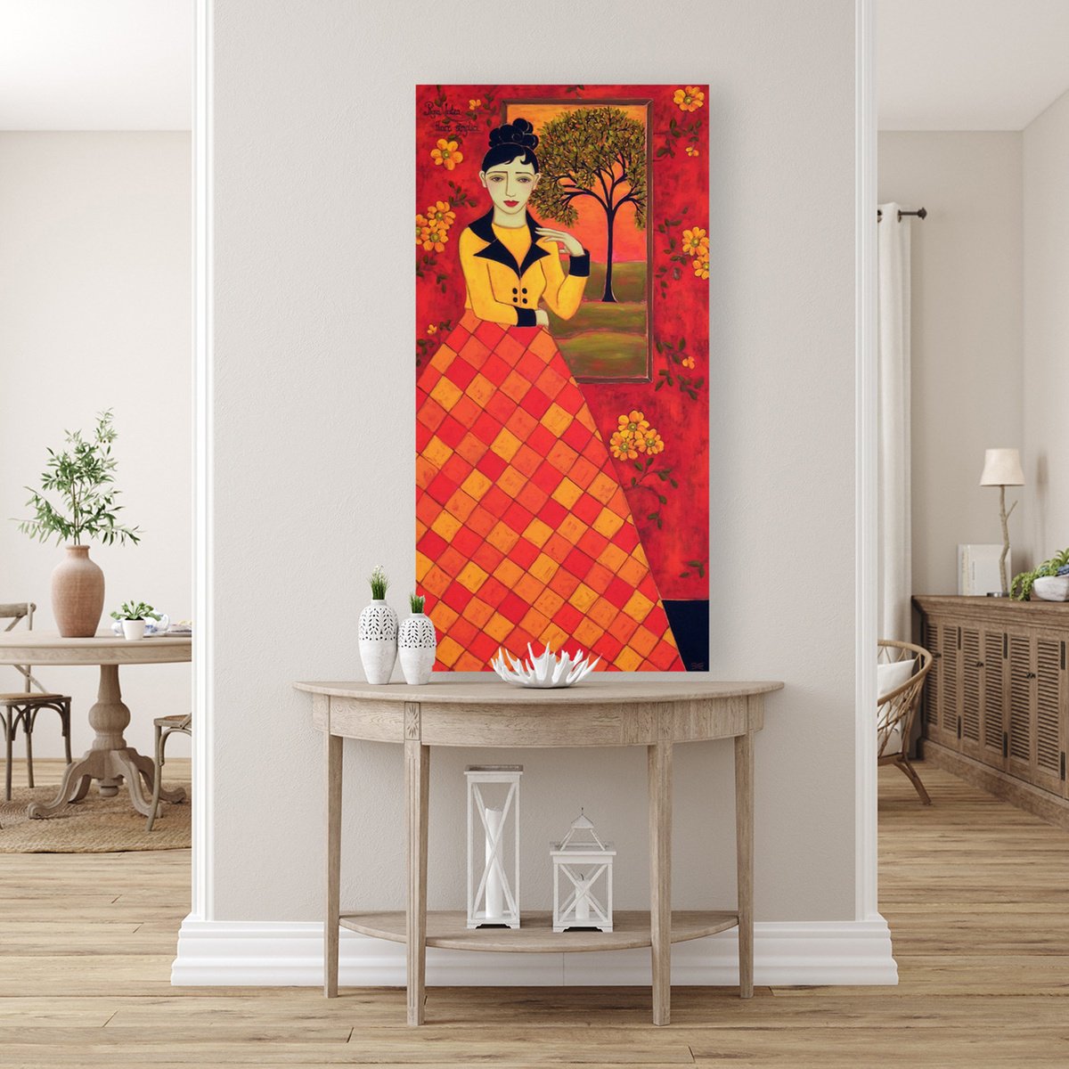 Impressionistic Portrait Oil Painting By Karen Rieger, 30 X 60", Harlequin With Landscape, Original Artwork