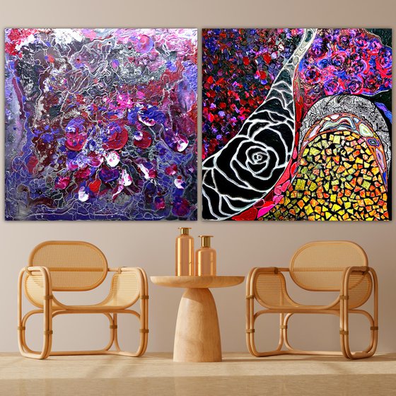 2 pieces 200х100 cm Abstract paintings large wall art black burgundy lilac relief diptych