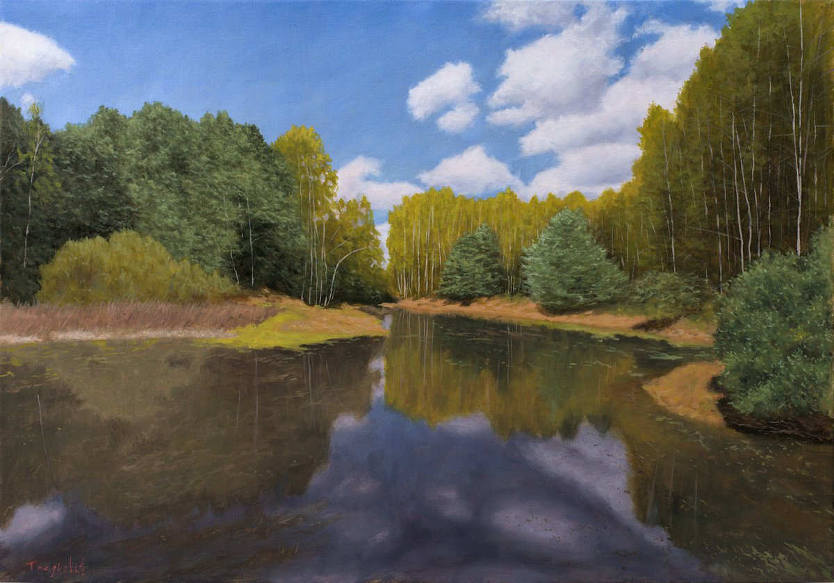 Impressionistic Landscape Oil Painting By Dejan Trajkovic, 39 X 28, Bay In The Forest, Original Artwork