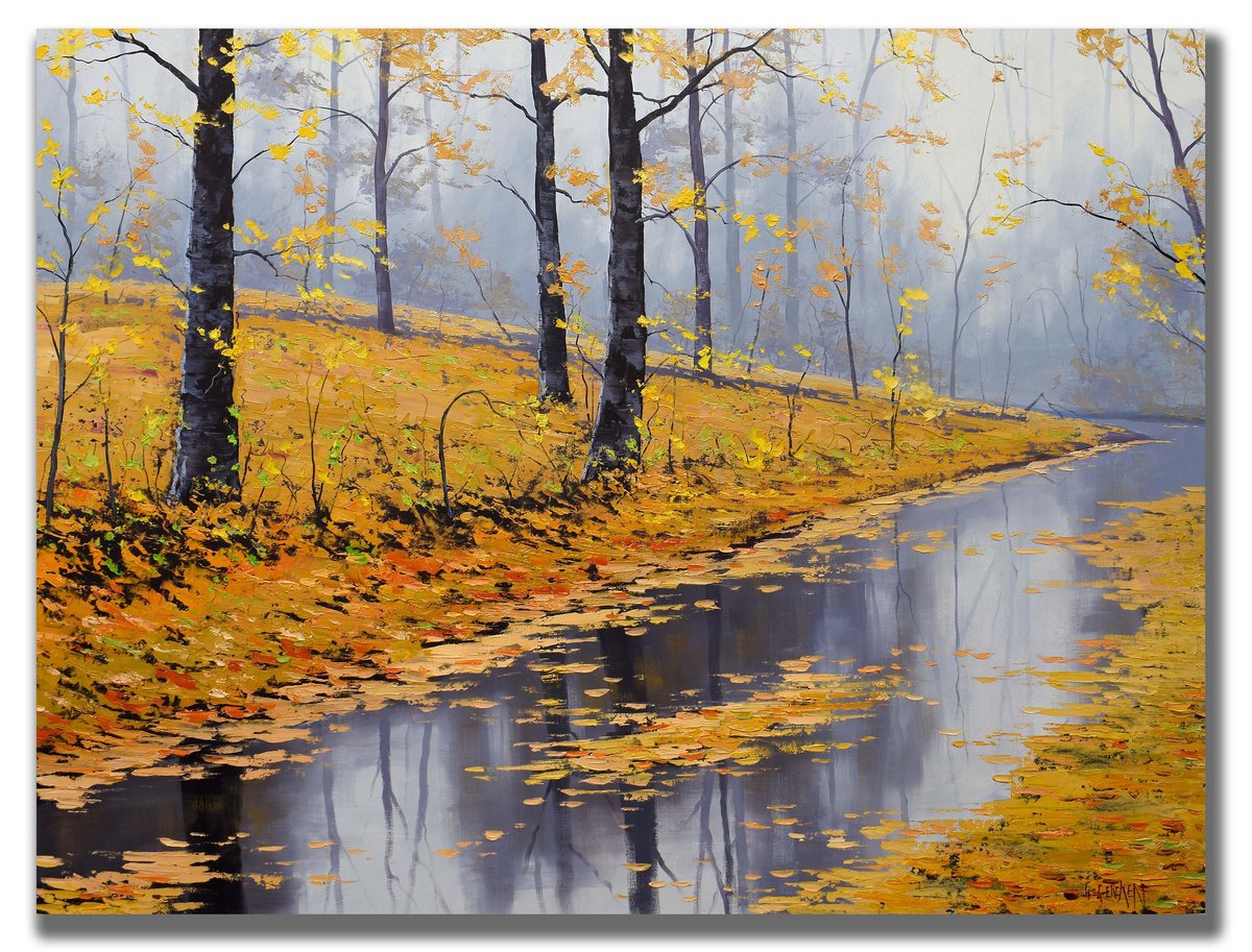 Impressionistic Landscape Oil Painting By Graham Gercken, 43 X 33, Autumn Stream Reflections Gold Fall Scene, Original Artwork