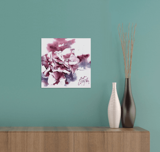"Expressive twilight hydrangea" original watercolor artwork in square format