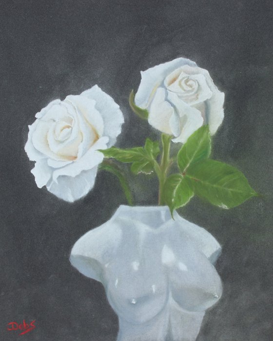 White bust with roses