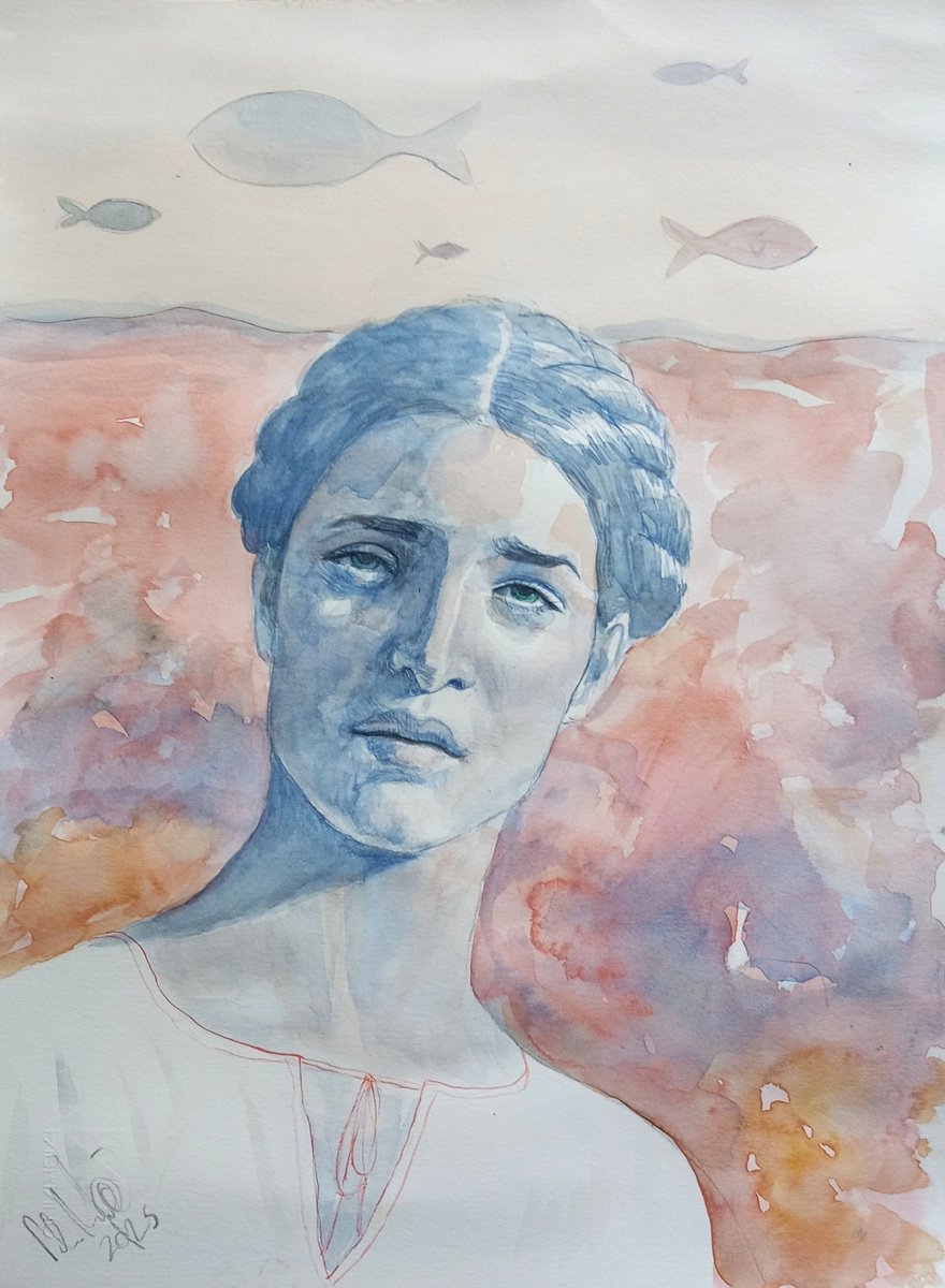 Illustrative Portrait Watercolour By Paolo Beneforti, 9 X 13", Greek Girl, Original Artwork