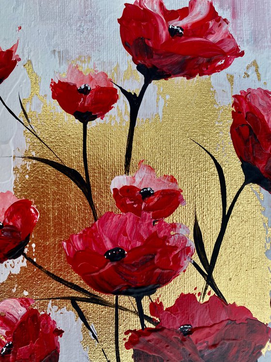 Red Poppies on Gold Leaf against a Pink Sky