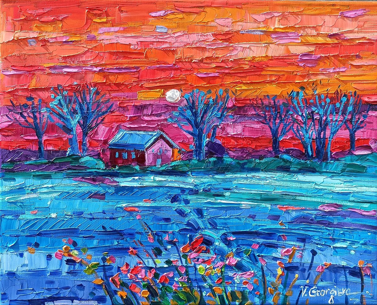 Impressionistic Landscape Oil Painting By Vanya Georgieva, 20 X 16", Winter Sunset, Original Artwork