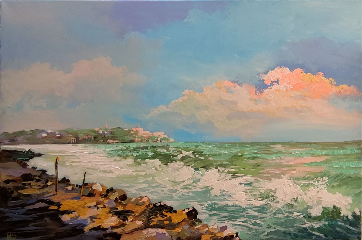 Impressionistic Landscape Acrylic Painting By Maria Kireev, 24 X 16", Dreams By The Sea, Original Artwork