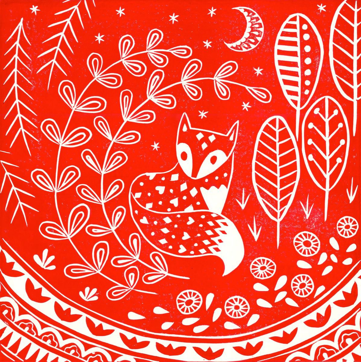 Daniel Fox in red, limited edition scandinavian folk art linocut print by Katie Farrell