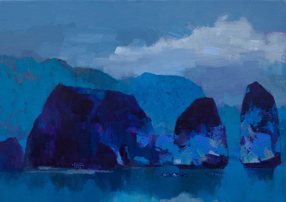 Expressive Landscape Acrylic Painting By The Khanh Bui, 39 X 28", Cloudy Day At Halong Bay, Original Artwork