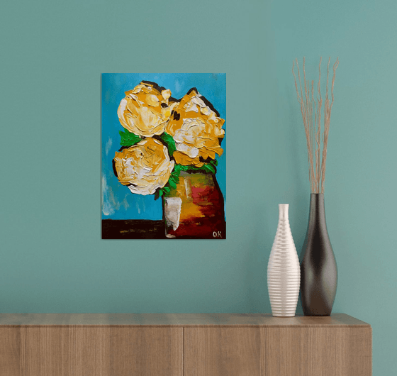 ABSTRACT BOUQUET OF Yellow Roses  #17 ( NAIVE COLLECTION)  palette   knife Original Acrylic painting office home decor gift