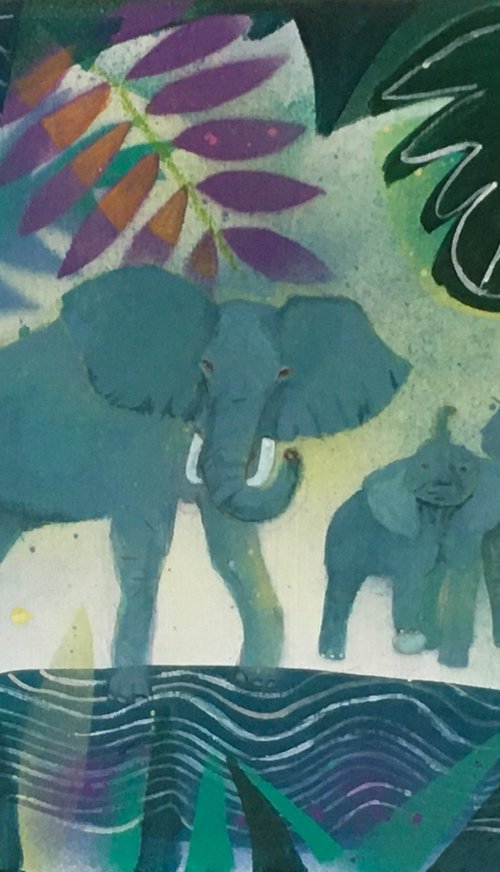 Elephants in jungle by Chihiro Kinjo