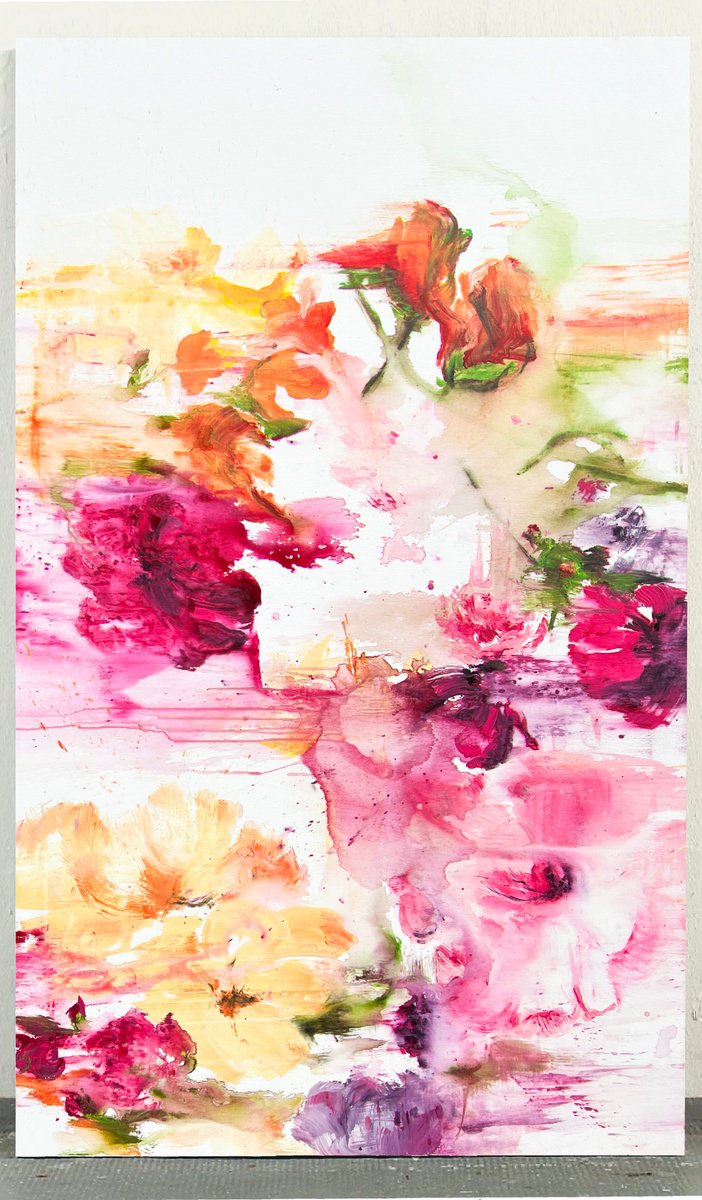 Impressionistic Botanical Acrylic Painting By Rosi Roys, 39 X 67", Blurred Flowers 11, Original Artwork