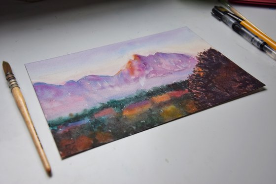 Mountains Painting, Fall Landscape Watercolor Painting, Slovak original wall art